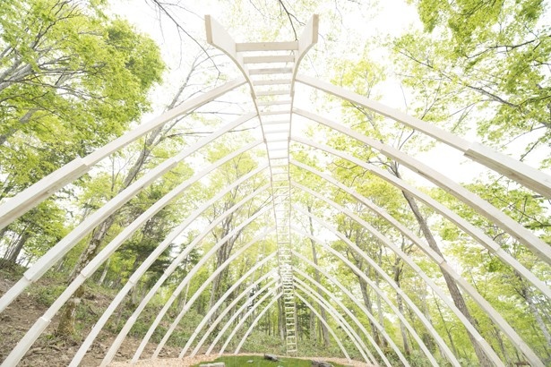 「コンペティションガーデン」から、畠山慎吾さんの作品「Heartbeat Forest 森の鼓動となる」。大雪山の神であるヒグマの骨格がモチーフ(大雪 森のガーデン)
