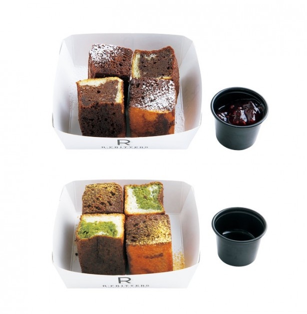 R-FRITTERSの「フレンチトースト フリッター」。写真上から、ブラウニーを思わせる濃厚な「チョコレート」(540円)と、ほろ苦い和風風味の「抹茶」(518円)