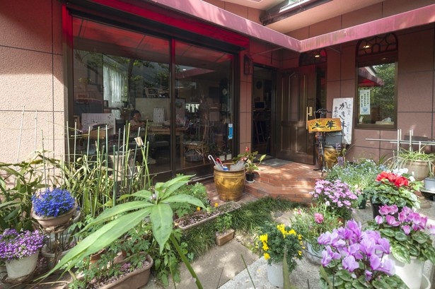 四季折々の草花が、お客さんをお出迎え。店内にはドライフラワーも(土筆)