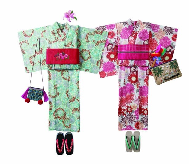 ｢仕上がり浴衣｣(4万3000円)。菊(写真左)と、ダリア(写真右)、どちらも色鮮やか！