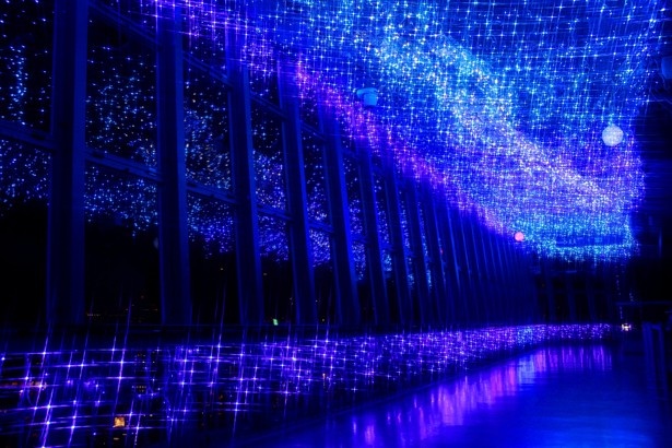 夜になると天の川イルミネーションが窓ガラスに映り、東京の夜景の上空に本物の天の川が流れているかのような幻想的な情景に