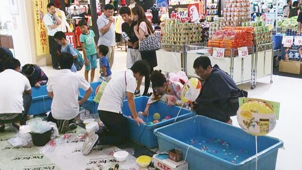 アクアステージ21では、ショップイベントとして金魚すくい(1回500円)や、ヨーヨー釣り(1回300円)が楽しめる