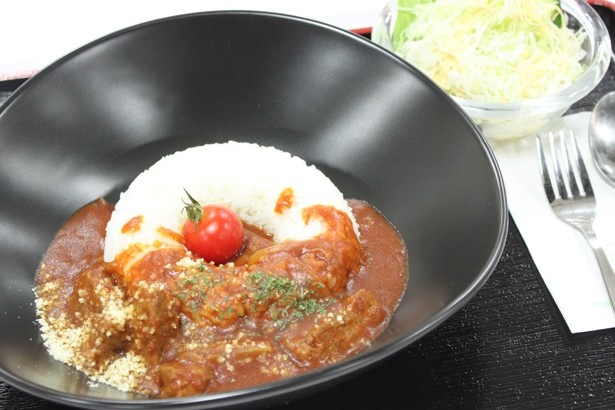 道央自動車道・輪厚PA(上り線)の「鹿肉トマトカレー」(850円)には、サラダが付属する