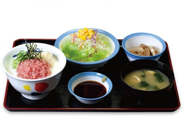 【写真を見る】｢山かけネギトロ御膳｣(690円)。｢山かけネギトロ丼｣、生野菜、ミニ牛皿と、お得でバランスが良いセット