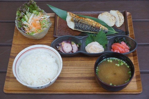 日替わりの塩辛3点・焼き魚・手作り蒲鉾・サラダ・お椀がセットになった駿河屋賀兵衛「賀兵衛の塩辛定食」(1150円)