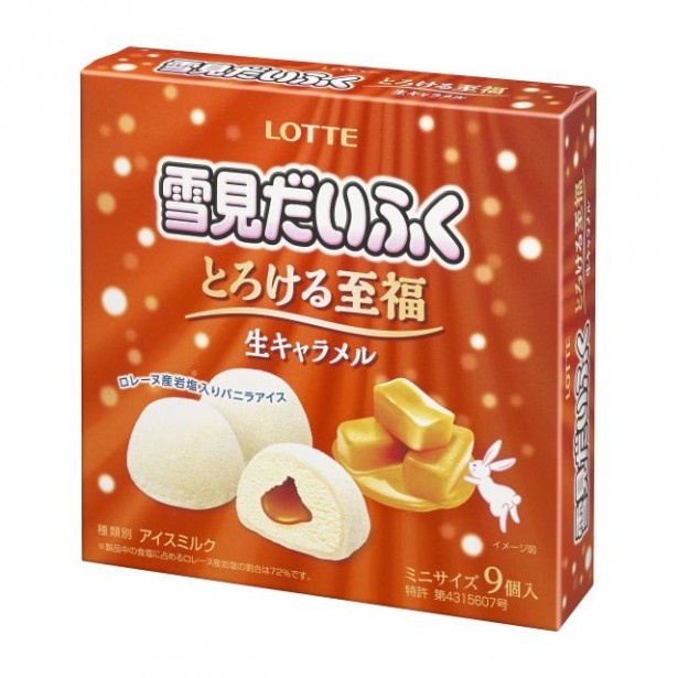 【写真を見る】濃厚生キャラメルがとろける！アイスにはロレーヌ産岩塩入りバニラアイスを使用した「雪見だいふく とろける至福 生キャラメル」(希望小売価格・税抜420円)