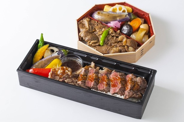 期間限定出店の東京精肉弁当店「黒毛和牛すき焼き御膳」(2000円・写真上)と「大沼牛サーロインステーキ重 おろしたれ添え」(1800円・写真下)