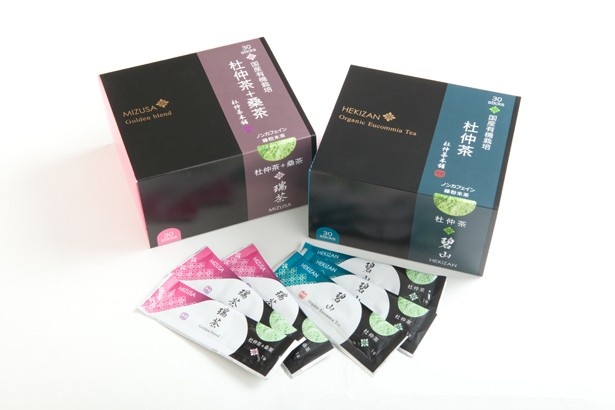 杜仲茶「碧山」「瑞茶」(各1箱2,700円)/「碧山園」のほのかな甘味を持つ抹茶のような粉末茶