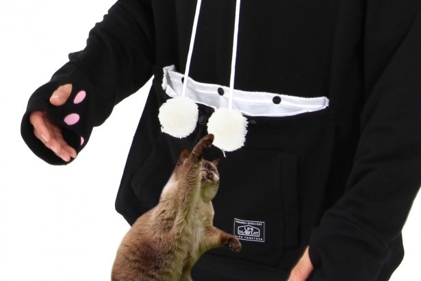 フードのひもの先にはモフモフの猫じゃらし付きで猫も大興奮！