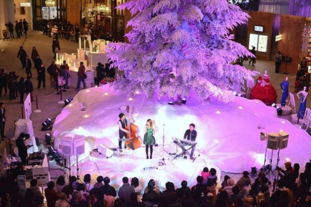 WHITE KITTE：クリスマスツリーの前では恒例のクリスマスライブも実施。今年は12月12日(土)、19日(土)、23日(祝)～25日(金)に行われる ※写真は2014年度の様子