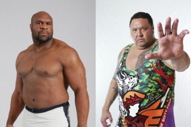 「ザ・ビースト」の異名をもつボブ・サップ選手（左）。身長2m、体重150kg。シュートボクシングルールでの対戦となる曙選手（右）との巨人対決は興奮必至