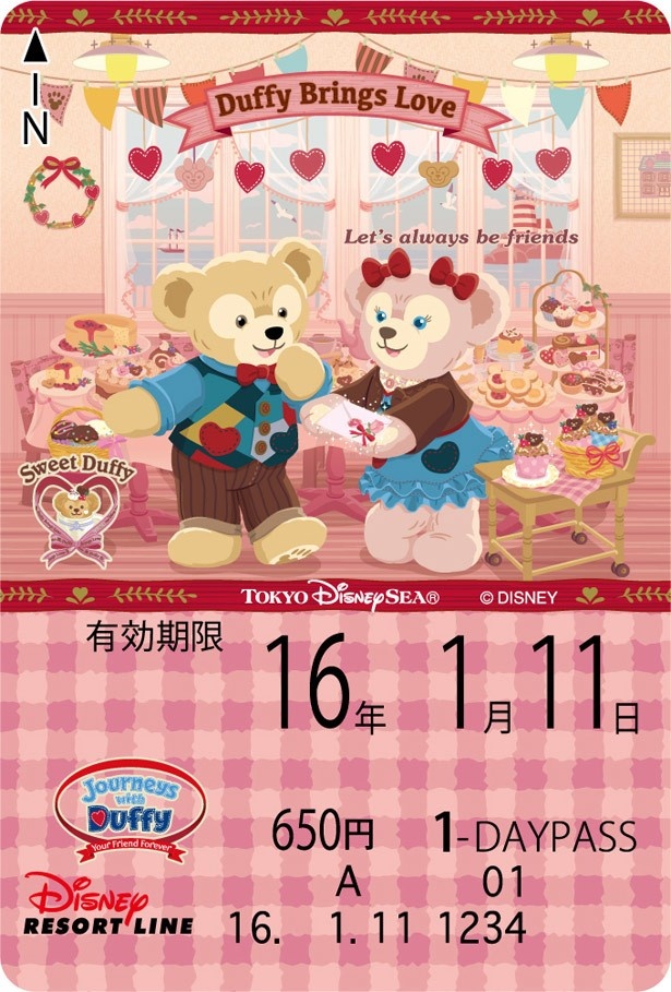 たくさんのスイーツとともに、ダッフィー＆シェリーメイがデザインされた「1日フリーきっぷ」(大人650円)