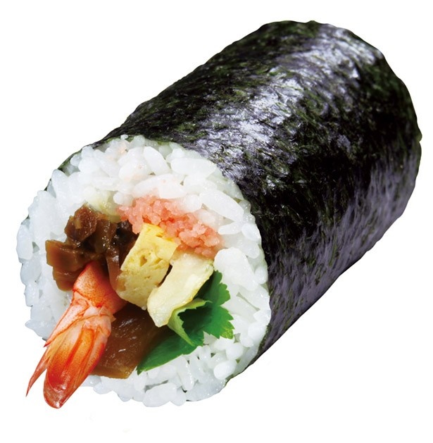あなご(西日本地域では、うなぎ)、おぼろ、エビ、かんぴょう、三つ葉、卵、しいたけを巻いた「七福巻」(税抜220円)