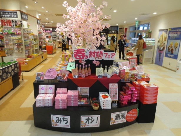 【写真を見る】越後川口SA上り線の「春のおすすめフェア」では新潟県のいちご「越後姫」を使った甘味など、春らしい商品がずらりと並ぶ