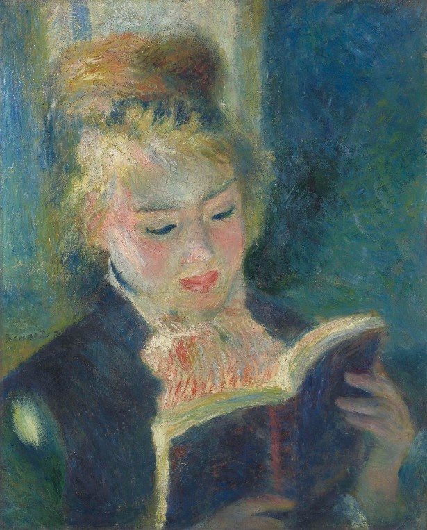 繊細に重ねられた色彩が、光を浴びた少女を浮き彫りにしている「読書する少女」