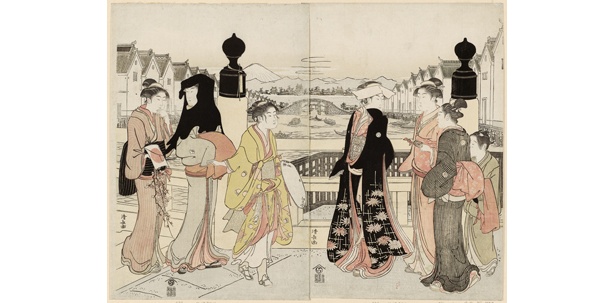 鳥居清長「日本橋の往来」。八頭身の健康的でリアルな美人画を描いている