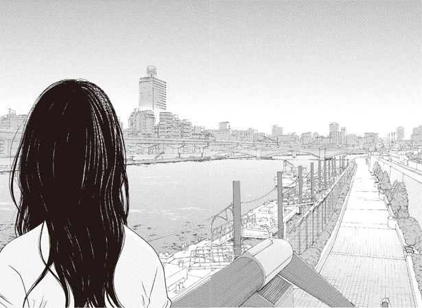 悩みを抱える女性と、見晴らしのいい「隅田川」の景色のコントラストが印象的
