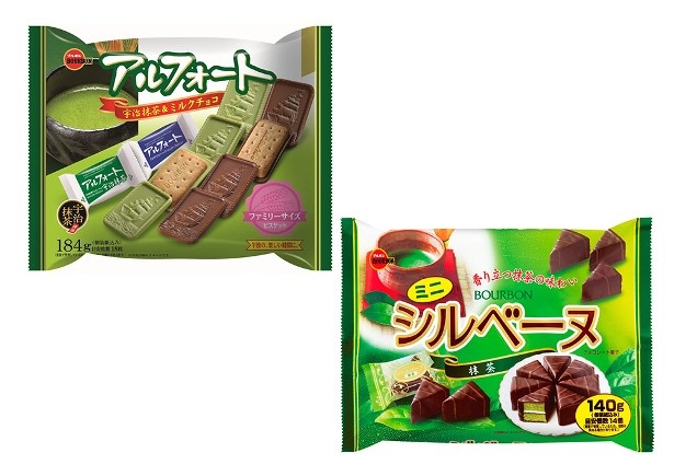 帆船を形どった「アルフォートFS宇治抹茶＆ミルクチョコ」(参考価格・税抜400円)と、「ミニシルベーヌ抹茶」(参考価格・税抜350円)