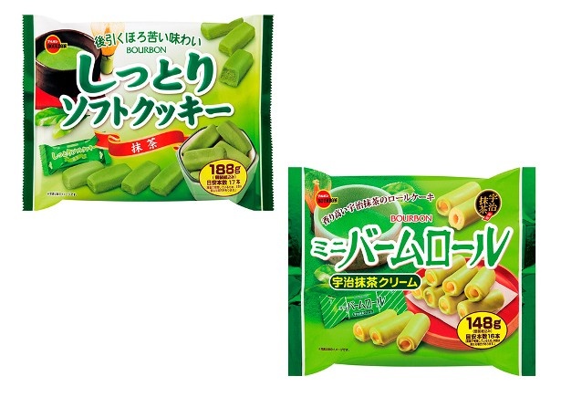 後引くほろ苦い抹茶の「しっとりソフトクッキー抹茶」(参考価格・税抜350円)と、「ミニバームロール宇治抹茶クリーム」(参考価格・税抜350円)