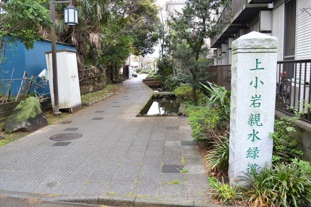 長さ950mにも延びる上小岩親水緑道。ベンチなどが設置された場所も