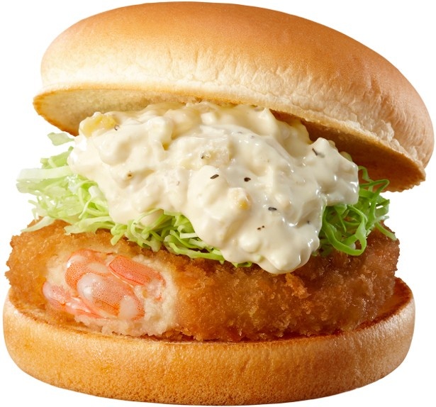 【写真を見る】天然エビが1.5倍になり、一新された「新エビバーガー｣(340円)は同日発売