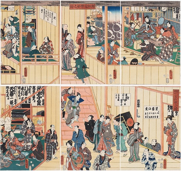 歌舞伎の楽屋の様子を描く。歌川国貞「踊形容楽屋之図 踊形容新開入之図」 安政3(1856)年
