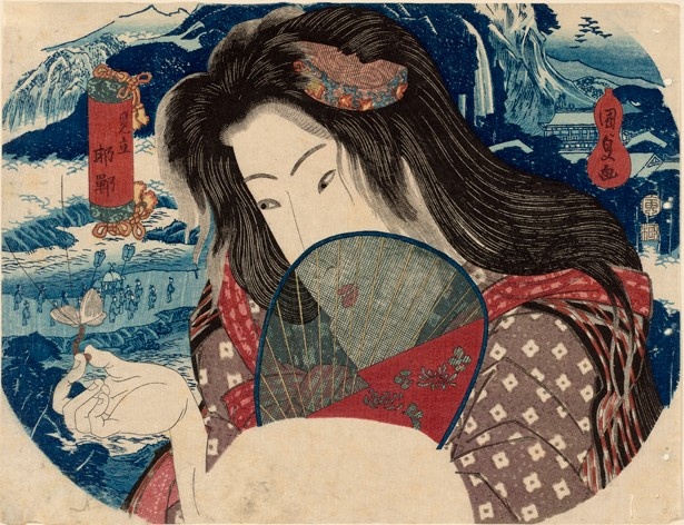赤い唇や白い肌が団扇越しに見える妖艶な美人画。歌川国貞「見立邯鄲」 文政13/天保元(1830)年