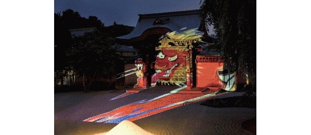 「燈明会」の期間は、方丈前庭では、妖怪のライトアップを実施