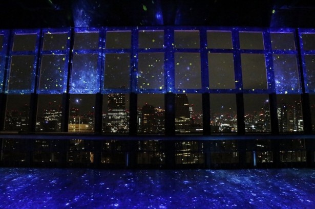 【写真を見る】夜景をバックにホタルが夜空を舞う様子をイメージしたプロジェクションマッピングも