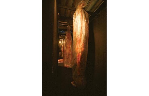 実験で使われていた死体。袋に包まれて吊るされた死体をよけて進もう【次の写真へ】