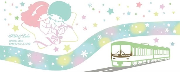 天の川を背景にした「京阪電車×キキ＆ララ 注染手ぬぐい」(1500円)