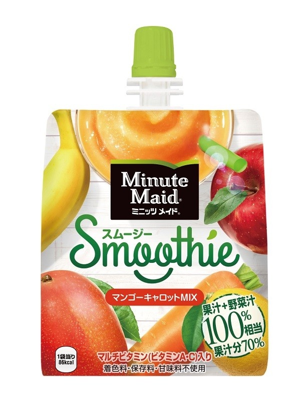 マンゴーやにんじん、バナナなどを使用した「ミニッツ メイド スムージー マンゴーキャロットMIX」(税抜210円)