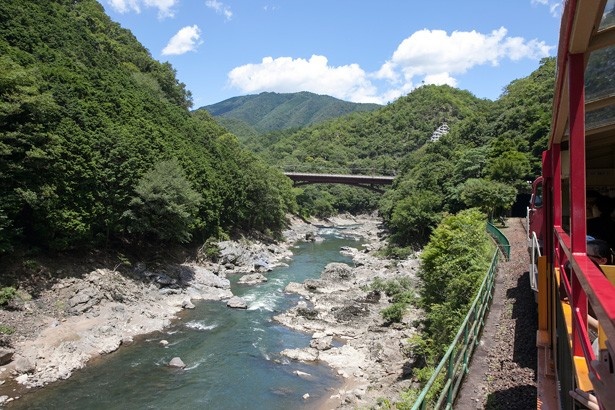 限下には保津川、遠方には愛宕山がそびえ、コントラストも 美しい