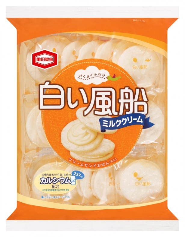 ミルククリームをソフトせんべいでサンドした「21枚 白い風船 ミルククリーム」も好評発売中だ
