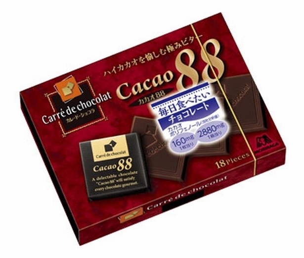 カカオ分88％の「カレ・ド・ショコラカカオ88」(356円)は健康のためにもっとカカオ分の高いチョコレートをおいしく楽しみたいというニーズに応えた商品