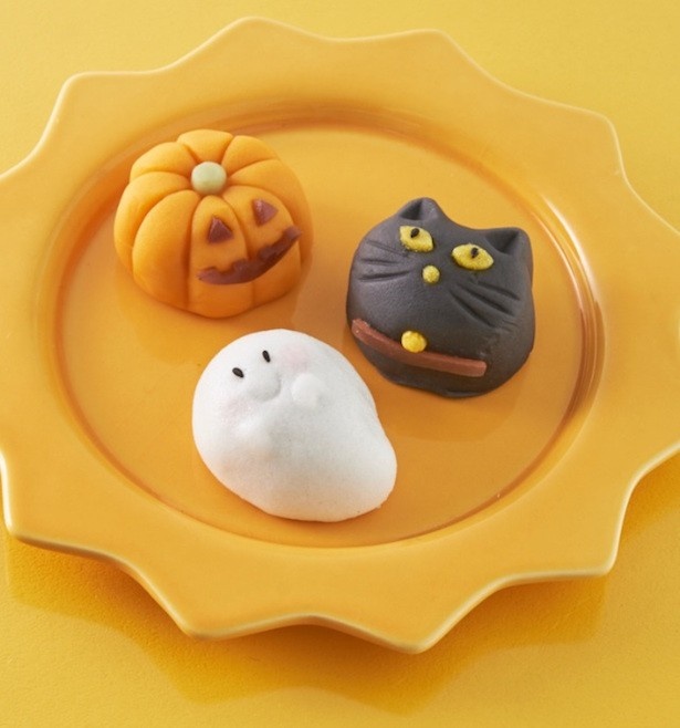 ハロウィンをイメージした創作和菓子3種類「創作和菓子 ハロウィン(かぼちゃ、黒猫、おばけ)」