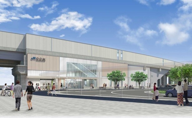 神崎川と水路の風景を表現する西吹田駅。白い部分が川の流れ、ガラス部分が水田を表現する