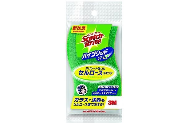 天然植物せんい素「セルロース」を使用し、デリケートなガラス食器や漆器洗いに適した「スコッチ・ブライト　ハイブリッド セルロース 貼り合わせスポンジ」