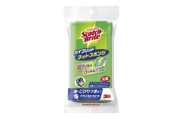 アクリル糸とポリエステルフィルムを編み合わせたハイブリッドネットを使用した「スコッチ・ブライト　ハイブリッドネットスポンジ」