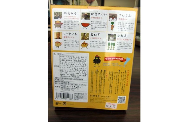 「大津まるごとカレー」パッケージ裏。野菜の生産者などが記載されている