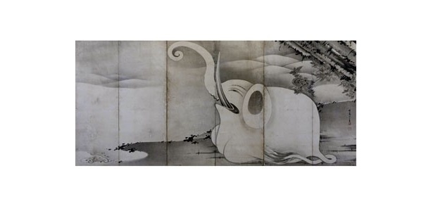 「象と鯨図屏風」（右隻）／大きな白いゾウが描かれる。不思議な目が印象的