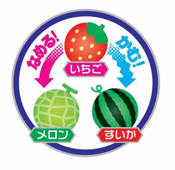 【写真を見る】上面のイチゴ味から、ゆっくりなめるとメロン味に、かむとスイカ味に変化する