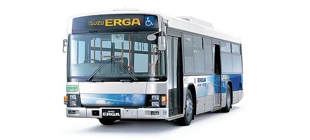 展示される路線バス大型ノンステップバスエルガ