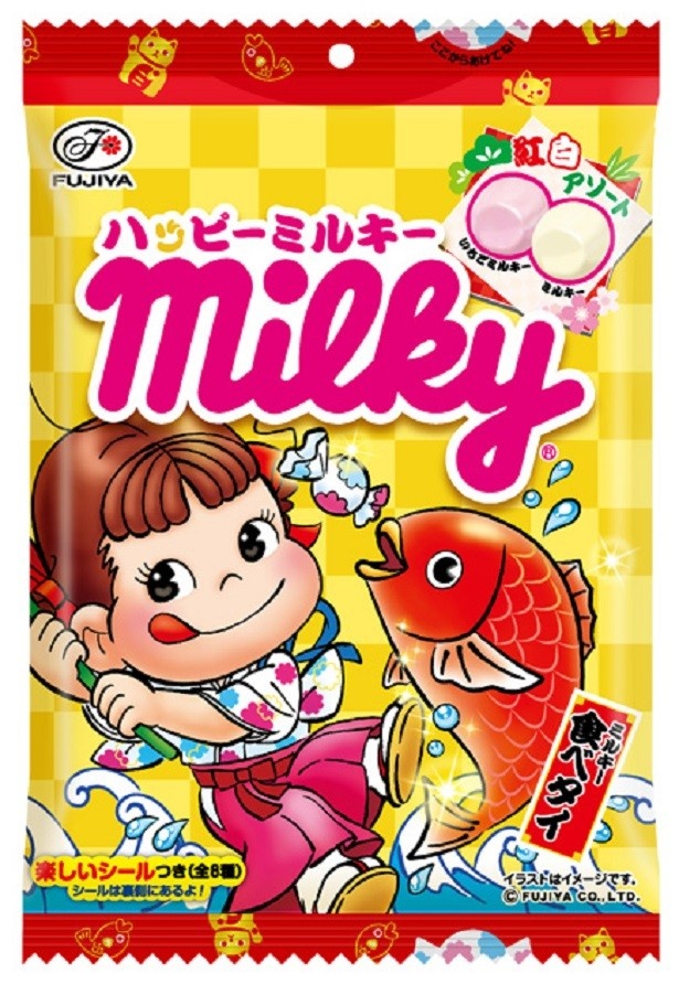 【写真を見る】ペコちゃんがミルキーで鯛を釣る「ミルキー食べタイ」のおめでたいデザインで年末年始にぴったりのパッケージ