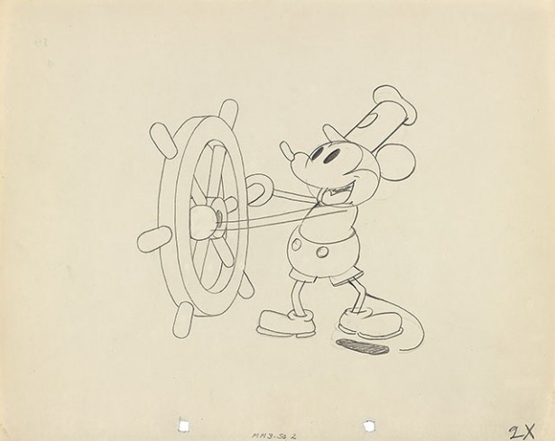 ミッキーマウスのデビュー作『蒸気船ウィリー』(1928)の原画をはじめ、約450点の貴重な資料が展示される