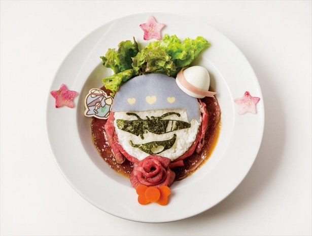 おそ松さん×サンリオキャラクターの最強タッグカフェがついにオープン！「カラ松とタキシードサムの俺たち肉食系！ローストビーフ丼」(税抜1690円)