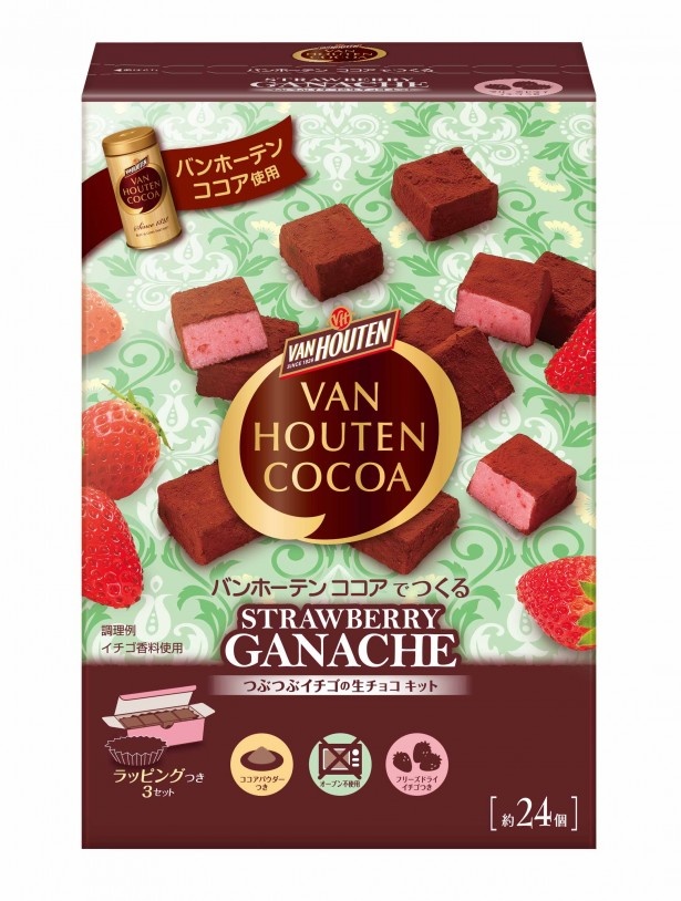 フリーズドライのイチゴを混ぜ込んだ「バンホーテン ココアでつくる つぶつぶイチゴの生チョコキット」(税抜800円)