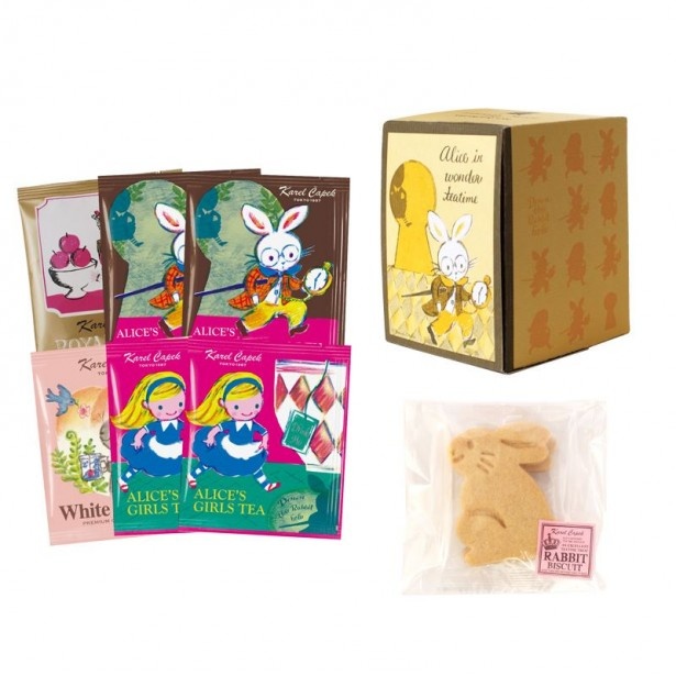黄色のうさぎデザインの「ALICE 小さなティータイムセット」(1188円)は、ティーバッグ6パックとビスケットが2ピース入り